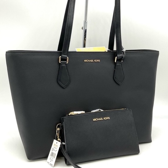 Michael Kors Bag Large Sheila Mf Tote Bag & Large Double Zip Wallet Black/Gold - Picture 1 of 10